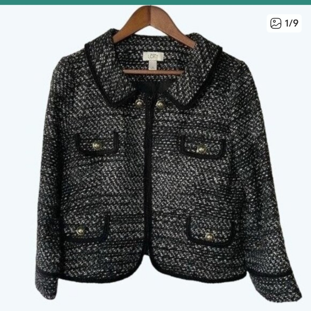 Ann Taylor Loft Tweed Cropped Statement Blazer Black/White Women's Plus Size14